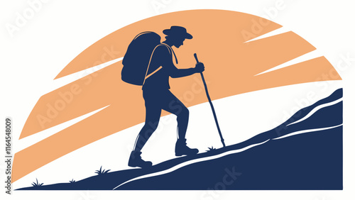 Hiker Silhouette at Sunset: A solitary figure hikes uphill, their silhouette outlined against a vibrant sunset, symbolizing adventure, perseverance, and the pursuit of new horizons. 