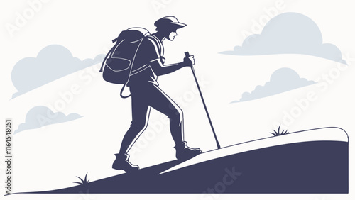 Hiker Silhouette on Mountain Path: A silhouette of a determined hiker trekking uphill with a backpack and hiking poles against a background of soft clouds and a mountain path, symbolizing adventure.