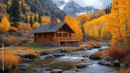 Cozy log cabin surrounded by vibrant autumn foliage in a mountainous region