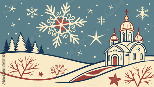 Winter Churchscape: A nostalgic Christmas Eve scene.  Charming church nestled in a snow-covered landscape under a starlit sky.  Perfect for holiday cards and winter-themed designs. 