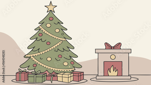 Cozy Christmas Scene: A charming illustration of a decorated Christmas tree, presents, and a warm fireplace, perfect for holiday cards, websites, and social media. Evoking feelings of warmth, comfort.