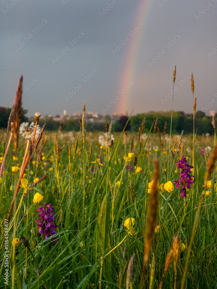 Naklejka premium Wild flowers in Aston Court at sunset with rainbow in the background
