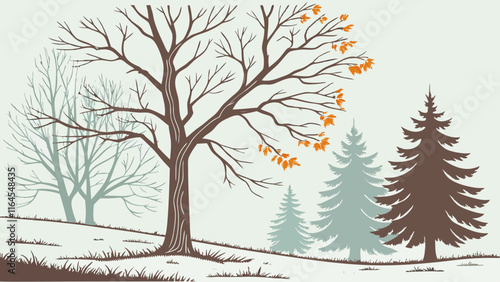 Winter's Embrace: A serene landscape illustration featuring bare deciduous trees and evergreens, hinting at the quiet beauty of a winter scene.