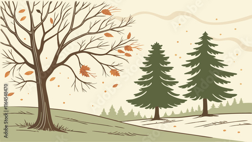 Autumnal Landscape: A serene illustration of a deciduous tree shedding its leaves in the gentle breeze,  with evergreen pines standing tall in the background.