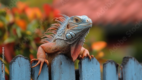 Iguana sunbathing on a garden fence surrounded by vibrant foliage in the afte...