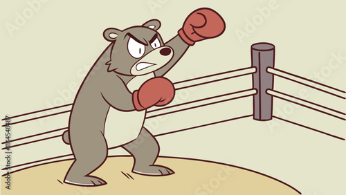 Bear Boxing Champion: A fierce and determined cartoon bear, clad in red boxing gloves, stands ready to fight in the ring.  His intense gaze and powerful stance convey his unwavering fighting spirit. 