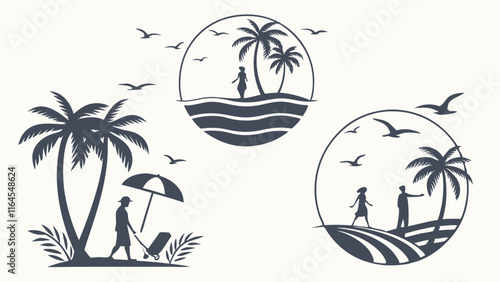 Tropical Getaway: A set of three silhouette illustrations depicting the idyllic paradise of a tropical beach, perfect for travel, vacation, and leisure branding.  