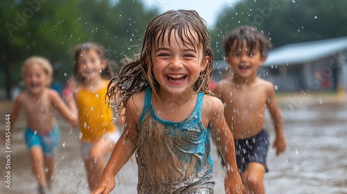 Joyful children playing in water during a sunny afternoon in a playground