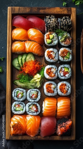 Vibrant sushi platter showcasing a variety of rolls and seafood with fresh ga...