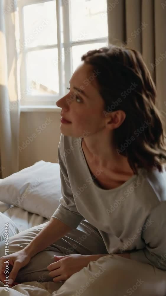 Morning Routine Scene with Young Woman in Cozy Bedroom Footage Morning Routine Scene with Young Woman in Cozy Bedroom Footage