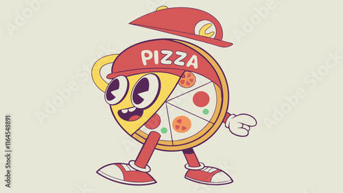 Pizzaiolo Cartoon Character: A cheerful pizza slice character with a delivery cap, ready to bring the cheesy goodness. This fun illustration is perfect for menus, websites, and branding materials. 