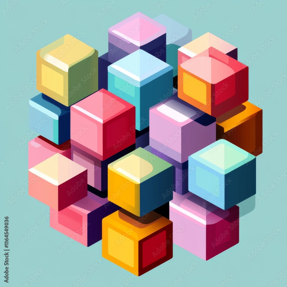 Colorful 3D cubes cluster, geometric abstract design.