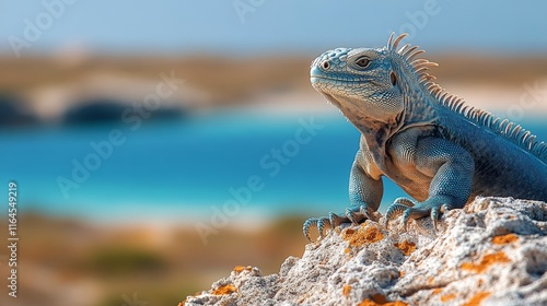 Colorful iguana basking on a rock by the ocean during a sunny day with clear ...