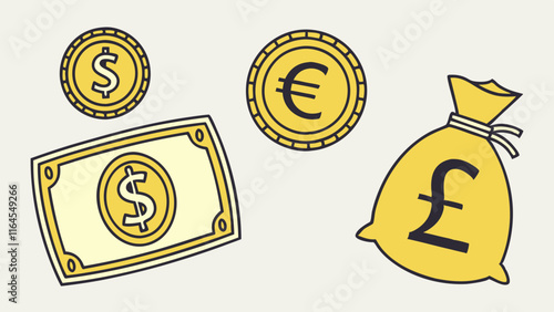 Money currencies icon set: A vibrant and playful set of currency icons, featuring dollar, euro, and pound sterling symbols, perfect for illustrations, websites, and presentations.  