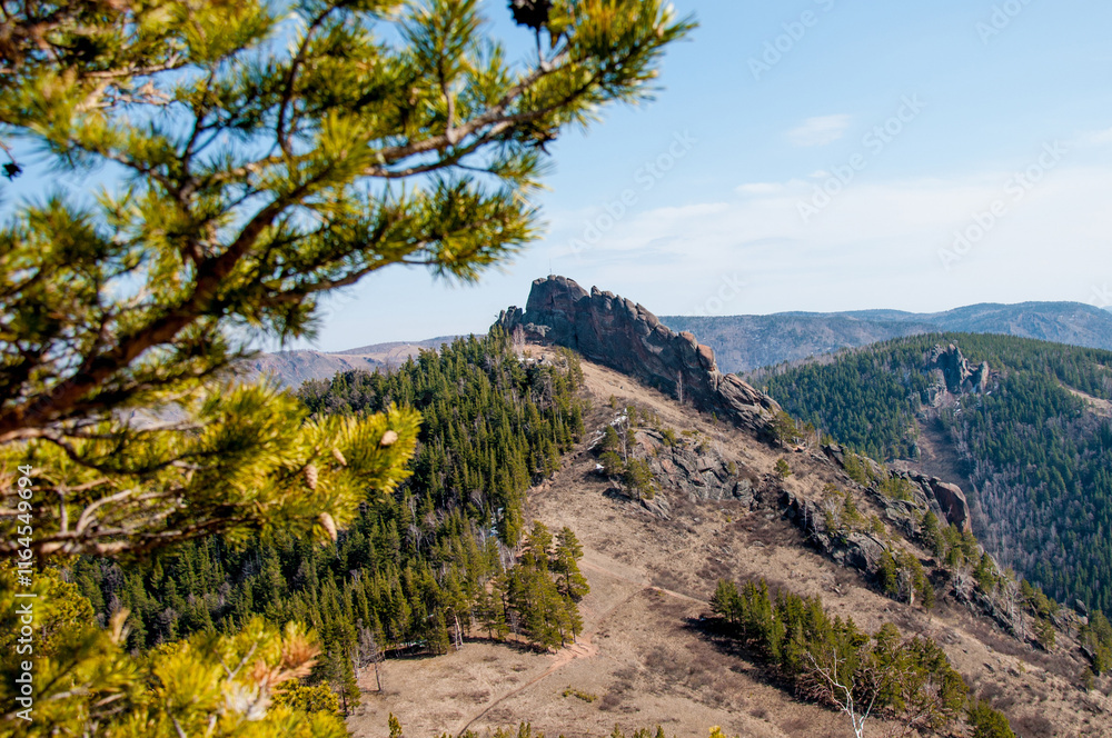 Landscape of snowy mountains, mountain range in haze summer Landscape of snowy mountains, mountain range in haze summer