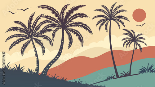 Tropical Sunset Paradise: Palm trees sway against a vibrant sunset, creating a tranquil escape with a vintage aesthetic. The scene evokes a sense of serenity and escapism, perfect for travel, nature.