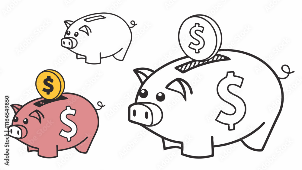 Piggy Bank Savings Illustration: A collection of cute piggy bank illustrations, including a pink piggy bank with a coin slot and a dollar sign on the side. The illustration is perfect for kids' books. Piggy Bank Savings Illustration: A collection of cute piggy bank illustrations, including a pink piggy bank with a coin slot and a dollar sign on the side. The illustration is perfect for kids' books.