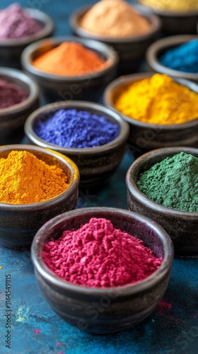 Vibrant spices arranged in bowls showcasing colorful powders in a culinary se...