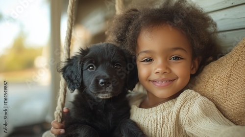 Golden retriever puppy and cheerful girl enjoy a sunny day on a swing set tog...