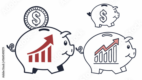 Piggy Bank Savings Growth: Illustration of a piggy bank with an arrow pointing upward inside, symbolizing financial growth and prosperity.  