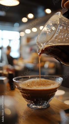 Barista expertly pours coffee in a cozy coffee shop with inviting ambiance