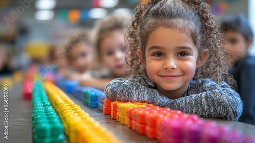 Five children are smiling while playing with bright counting blocks arranged ...