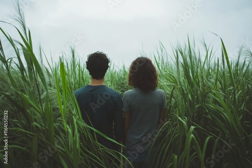 Couple enjoying nature walk through tall grass during overcast afternoon