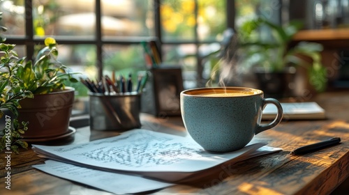 Cozy coffee moment near a window with plants and notes in a bright, warm space