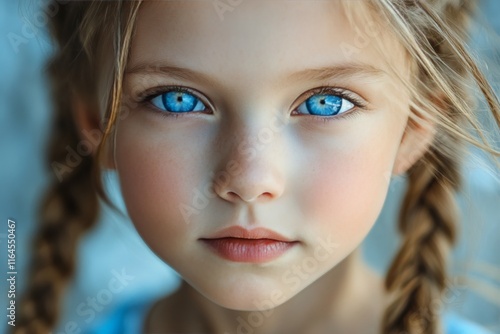 Young girl with stunning blue eyes poses with braided hair against a neutral ...