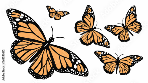 Monarch Butterflies in Flight: A delicate illustration of five monarch butterflies in various stages of flight, showcasing their intricate wing patterns and graceful movements.  