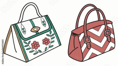Vintage Handbag Duo: Two stylish and distinct handbags with intricate details, perfect for a vintage fashion illustration or design project.