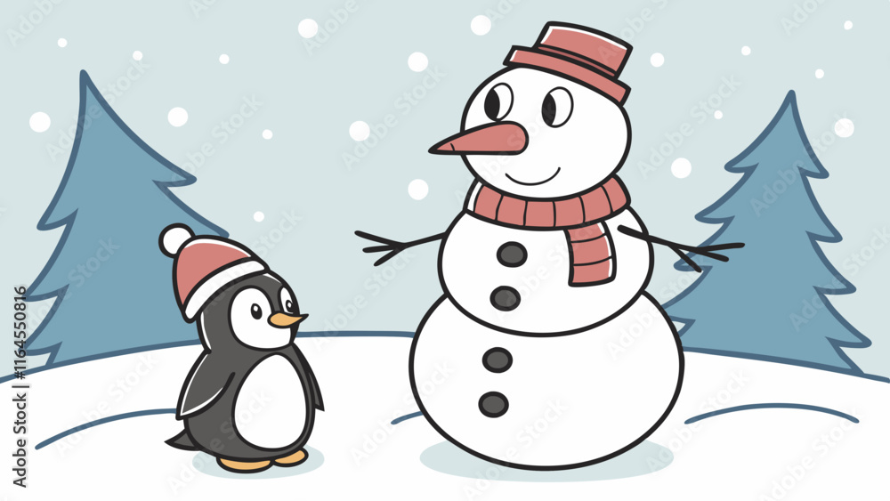 Snowy Friends: A penguin and snowman stand together in a snowy landscape, their matching red hats adding a touch of festive cheer. The illustration is simple yet charming. Snowy Friends: A penguin and snowman stand together in a snowy landscape, their matching red hats adding a touch of festive cheer. The illustration is simple yet charming.