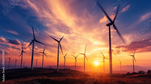 Fototapeta Naklejka Na Ścianę i Meble -  Wind turbines on a hill during a vibrant sunset