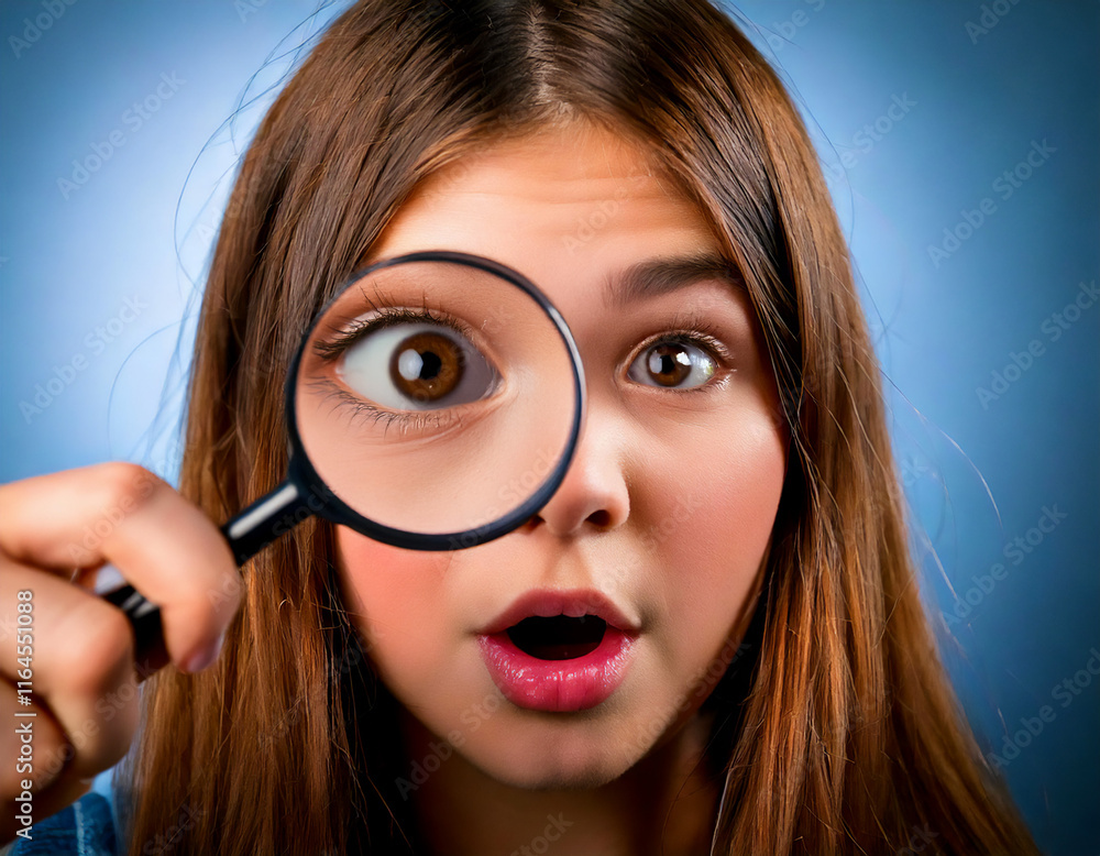 Caucasian teenage girl looking through magnifying glass with surprised expression, against blue studio shot Caucasian teenage girl looking through magnifying glass with surprised expression, against blue studio shot