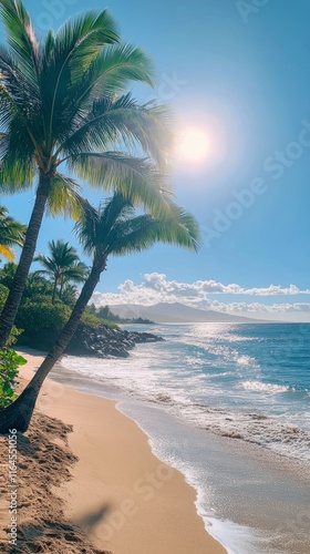 Tropical beach with clear blue water and swaying palm trees under sunny sky