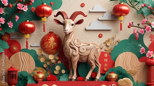 Intricate Wooden Goat in Festive Chinese New Year Scene
