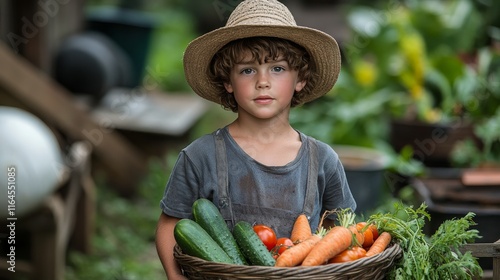 Young boy smiles while holding a basket of fresh vegetables in a vibrant gard...