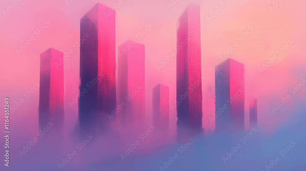 Fototapeta premium Futuristic Cityscape With Tall Abstract Towers in Misty Sunset Glow Against Pink Sky for Concept Art and Utopia Design