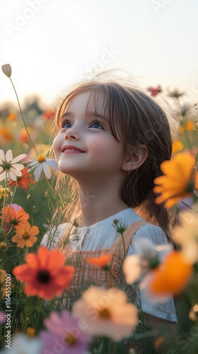 Young girl smiles joyfully among colorful wildflowers in sunny outdoor setting