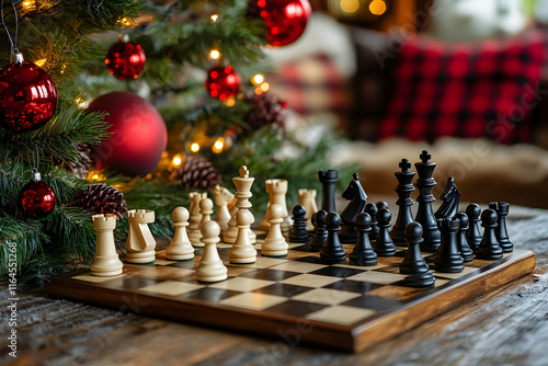 Festive chessboard game setup surrounded by holiday decorations for family fun photo