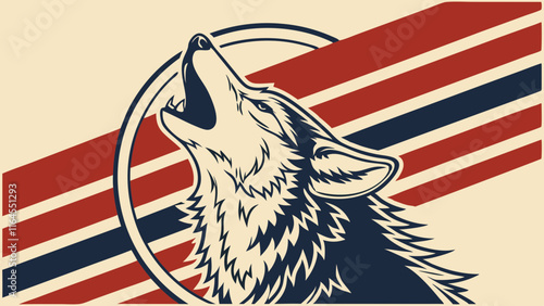 Vintage Wolf Howl: A nostalgic and powerful image of a wolf howling at the moon, set against a vintage-inspired backdrop of red and blue stripes. This graphic design evokes a sense of wildness.