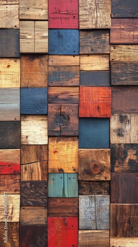 Colorful wooden blocks arranged in a vertical pattern, showcasing natural tex...