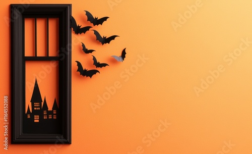 Spooky Halloween Decor with Bats and Window Frame on Orange Background photo