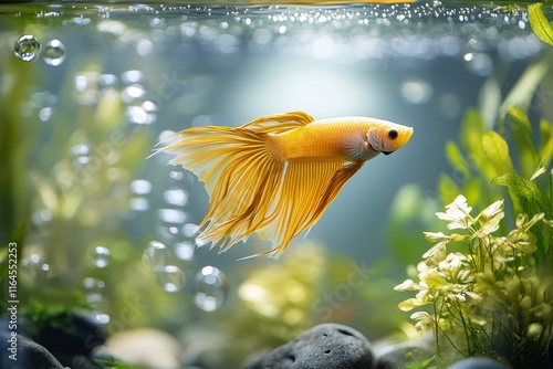 Colorful betta fish swimming gracefully in a planted aquarium with bubbles an...