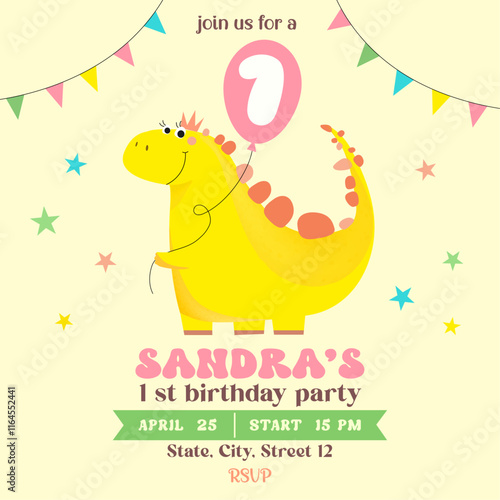 1st Happy Birthday party card for girl, invitation template card square, celebration, event,  baby, dino, stars, flags, vector illustration