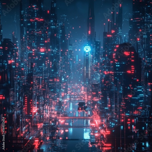 Wallpaper Mural Futuristic city at night with glowing buildings and a river. Torontodigital.ca