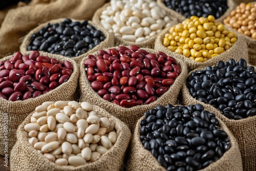 Colorful assortment of beans displayed in woven baskets at a market