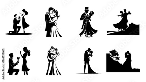 Romantic couple Valentine's Day Vector Illustration. Couple kissing silhouette.  Man and woman in love black on white background.