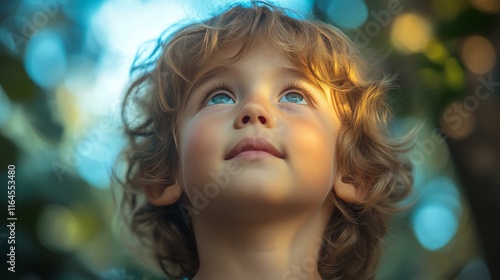 Child gazes upward with wonder while light filters through the window in a co...