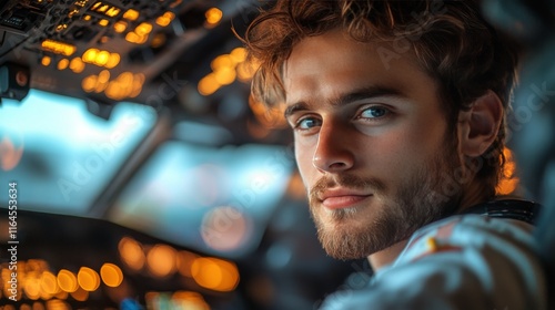 Young pilot in cockpit with control panel illuminated during sunset
